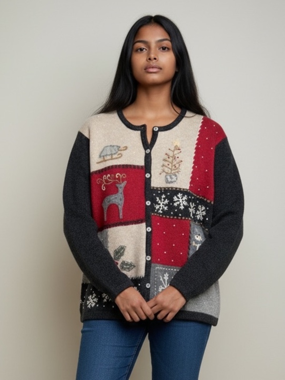 Vintage TALBOTS Wool Christmas Sweater Cardigan Long Sleeve Button Down L Petite